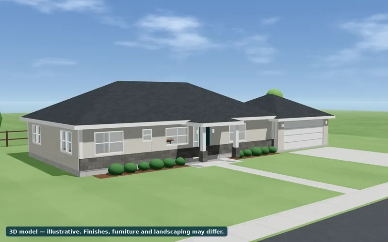 Sample 3D model: a single-story home with a two-car garage, seen from the street in daylight.