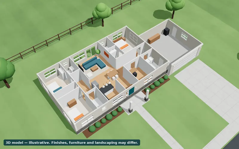 Sample 3D model with the roof lifted off, showing every room and its furniture from above.
