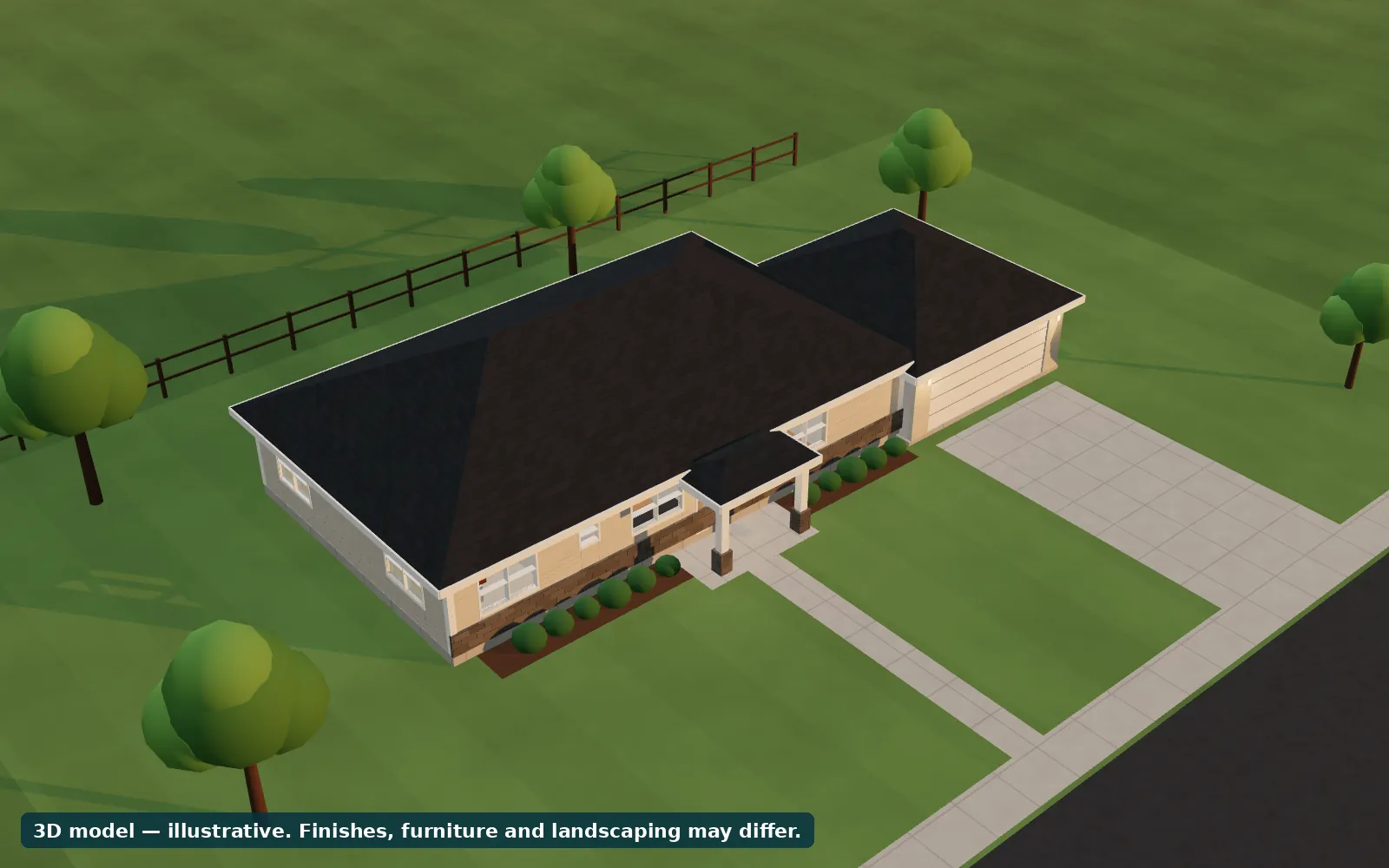 Sample 3D model of a single-story home at golden hour, seen from above.