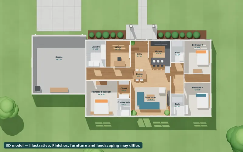 Sample floor plan from above, with each room labeled with its name and size.