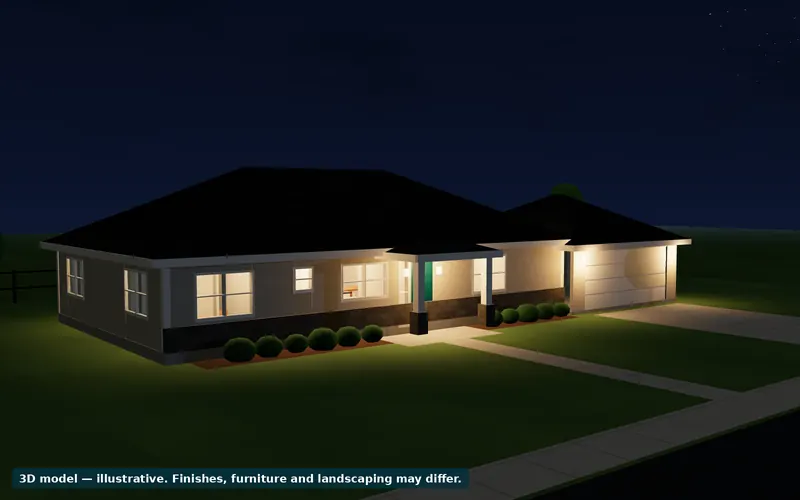 Sample 3D model at twilight with the lights on inside and on the porch.