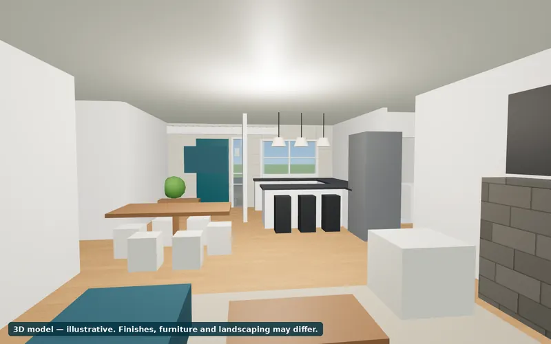 Sample walk-through view from the great room toward the kitchen and dining area.