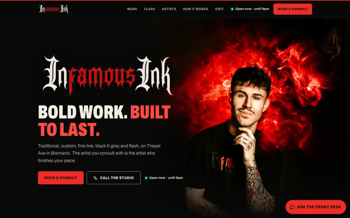 Infamous Ink tattoo studio website homepage on a desktop screen