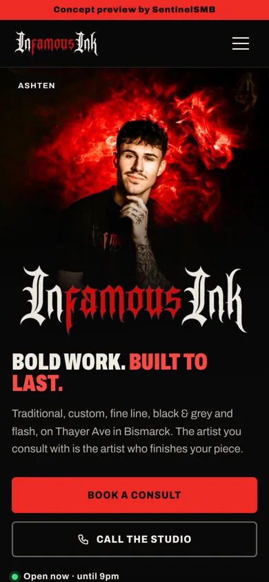 Infamous Ink website on a phone