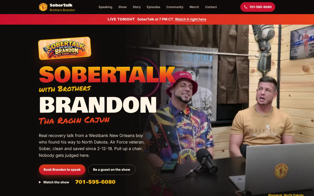 SoberTalk with Brothers Brandon website homepage on a desktop screen